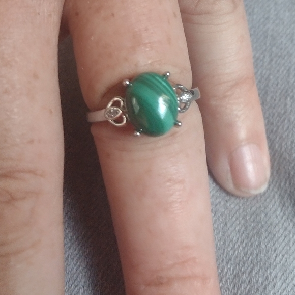 Natural 10mm Malachite Cabochon & 925-Silver Ring (s7) - Picture 9 of 13